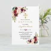 Elegante Bourgondiër Marsala Bloemenkruis Doop Kaart (Staand voorkant)