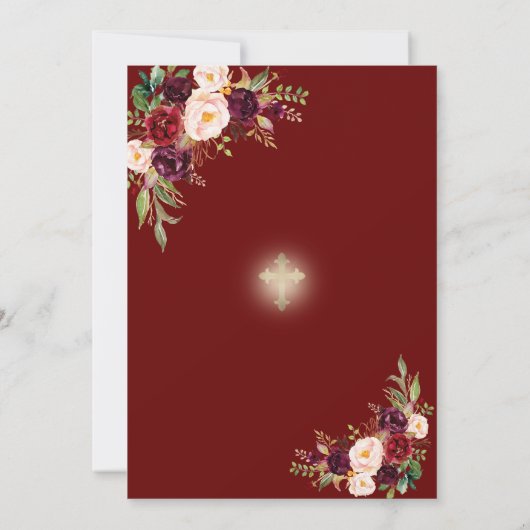 Elegante Bourgondiër Marsala Bloemenkruis Doop Kaart (Achterkant)