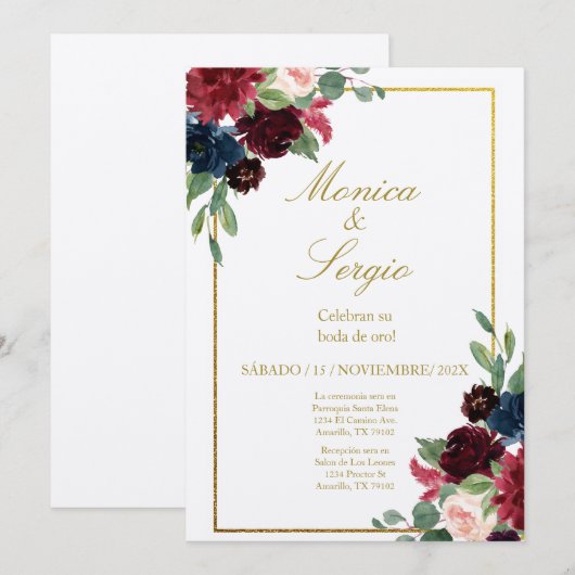 Elegante Bourgondische 50ste bruiloft in het Spaan Kaart (Voorkant / Achterkant)