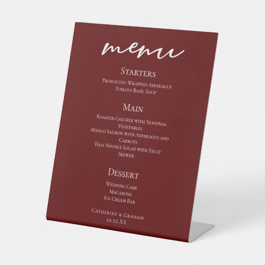 Elegante Bourgondische avond bruiloft diner menu Reclamebord Met Voetstuk (Voorkant)
