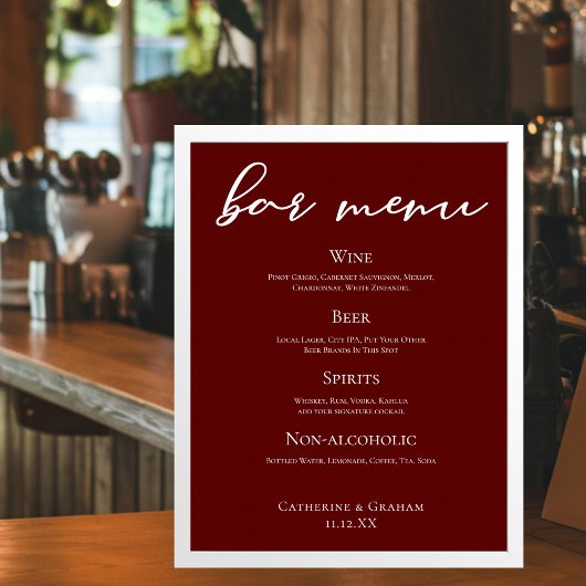 Elegante Bourgondische avond Wedding Bar Menu Poster