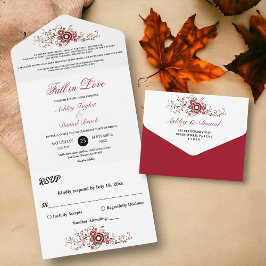 Elegante  Bourgondische bladeren Herfst Bloemenbru All In One Uitnodiging