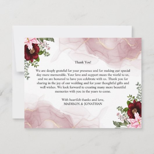 Elegante Bourgondische bloem bruiloft Bedankkaart (Achterkant)