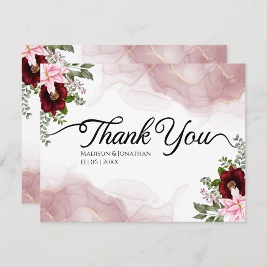 Elegante Bourgondische bloem bruiloft Bedankkaart (Voorkant / Achterkant)