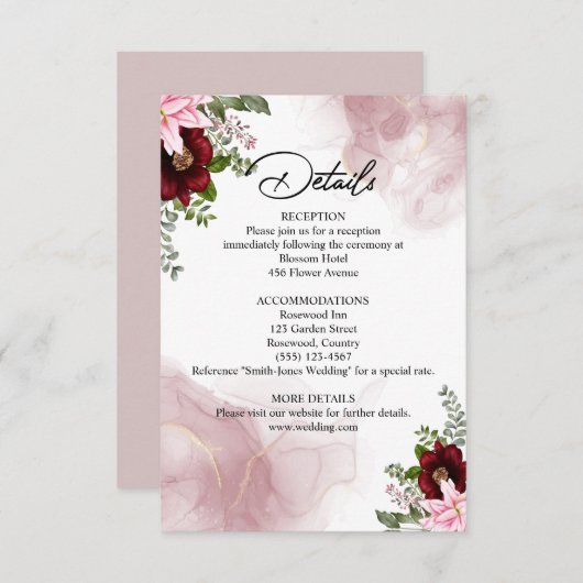 Elegante Bourgondische bloem bruiloft Informatiekaartje (Voorkant / Achterkant)