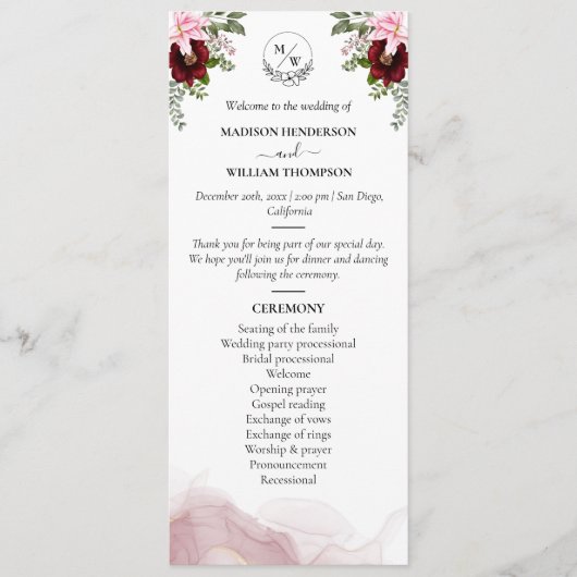 Elegante Bourgondische bloem bruiloft Programmakaart (Voorkant)