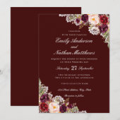 Elegante Bourgondische Bloemen Kant Bruiloft uitno Kaart (Voorkant / Achterkant)