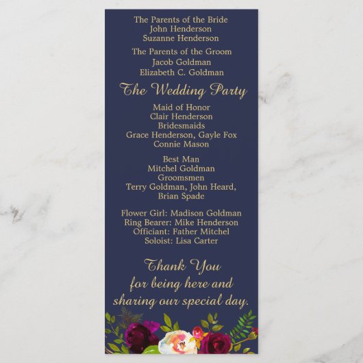 Elegante Bourgondische Bloemen Marine Blauw Goud B Programmakaart (Achterkant)