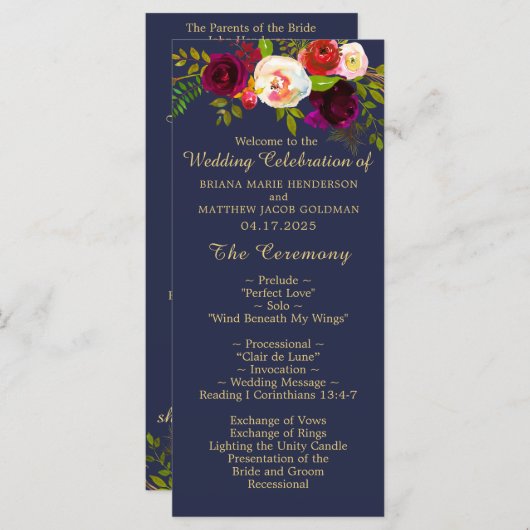 Elegante Bourgondische Bloemen Marine Blauw Goud B Programmakaart (Voorkant / Achterkant)