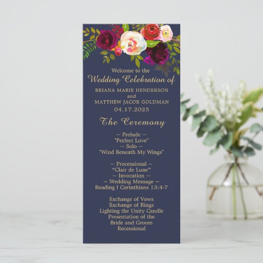 Elegante Bourgondische Bloemen Marine Blauw Goud B Programmakaart (Staand voorkant)