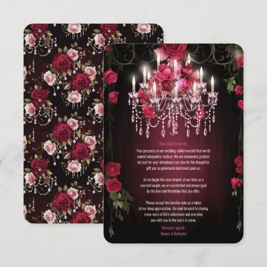 Elegante Bourgondische Bloemen Rozen Kroonluchter  Bedankkaart (Voorkant / Achterkant)