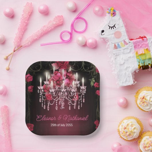 Elegante Bourgondische Bloemen Rozen Kroonluchter  Papieren Bordje (Feest)