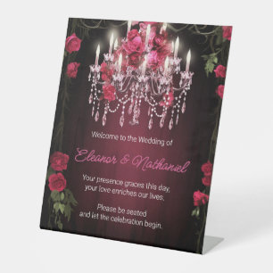 Elegante Bourgondische Bloemen Rozen Kroonluchter Reclamebord Met Voetstuk