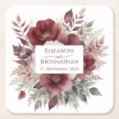Elegante Bourgondische Bloemen Waterverf Trouwname Kartonnen Onderzetters (Voorkant)