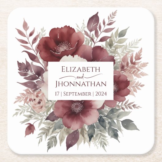 Elegante Bourgondische Bloemen Waterverf Trouwname Kartonnen Onderzetters (Voorkant)