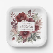 Elegante Bourgondische Bloemen Waterverf Trouwname Papieren Bordje (Voorkant)