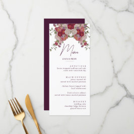 Elegante Bourgondische bloemenbruiloft Menu Kaarte