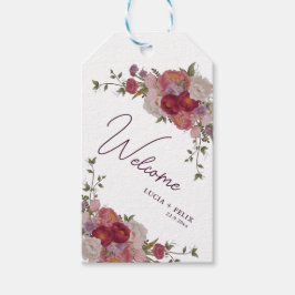 Elegante Bourgondische bloemenbruiloft welkom Cadeaulabel
