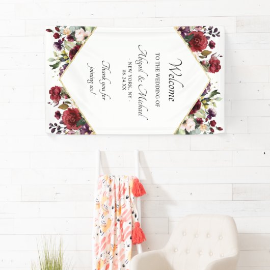 Elegante Bourgondische bloemenbruiloft welkomstbor Spandoek (Insitu)