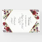 Elegante Bourgondische bloemenbruiloft welkomstbor Spandoek (Horizontaal)