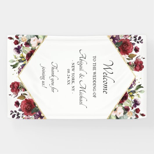 Elegante Bourgondische bloemenbruiloft welkomstbor Spandoek (Horizontaal)