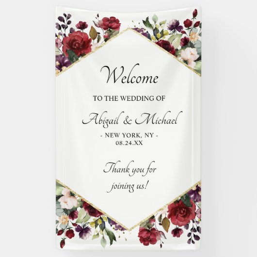 Elegante Bourgondische bloemenbruiloft welkomstbor Spandoek (Verticaal)