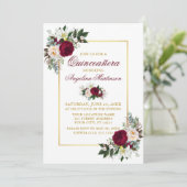 Elegante Bourgondische bloemengroen Quinceanera Fo Kaart (Staand voorkant)