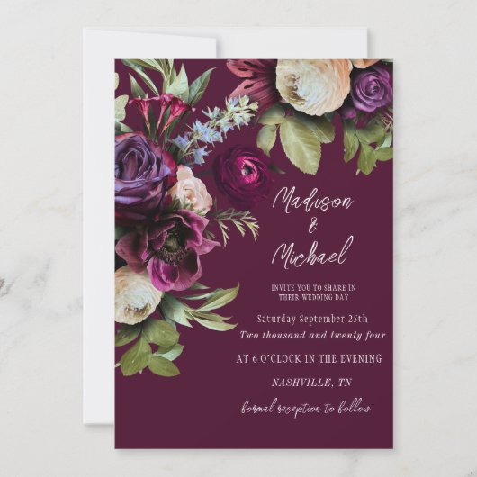 Elegante Bourgondische bloemige pioenrozen bruilof Kaart (Voorkant)