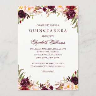 Elegante Bourgondische bloemige Quinceanera uitnod Kaart