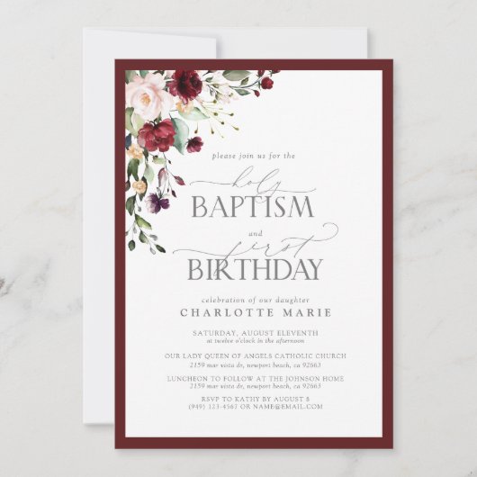 Elegante Bourgondische Blush Bloemen Doop 1e Verja Kaart (Voorkant)