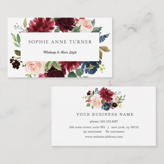 Elegante Bourgondische Blush Bloemen Lijst Make-up Visitekaartje (Voorkant / Achterkant)