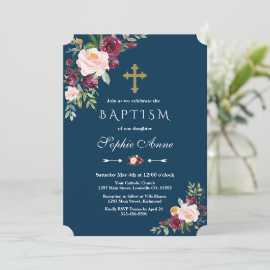 Elegante Bourgondische Blush Bloemen Marine Meisje Kaart (Staand voorkant)