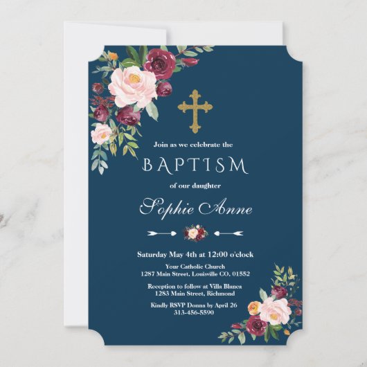 Elegante Bourgondische Blush Bloemen Marine Meisje Kaart (Voorkant)