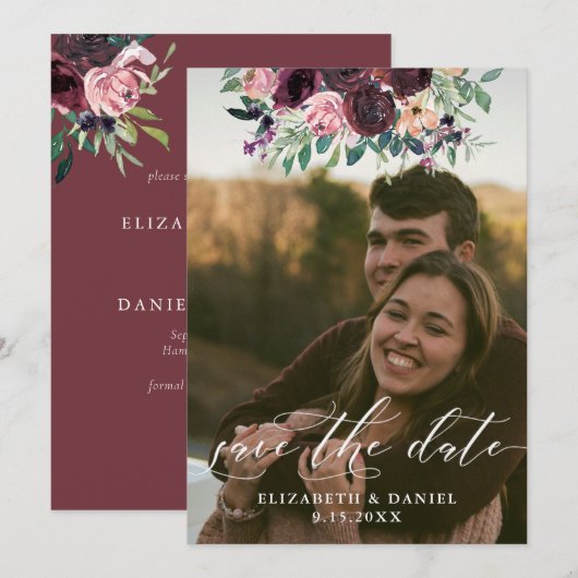 Elegante Bourgondische Blush Fotobruiloft Save The Date (Voorkant / Achterkant)