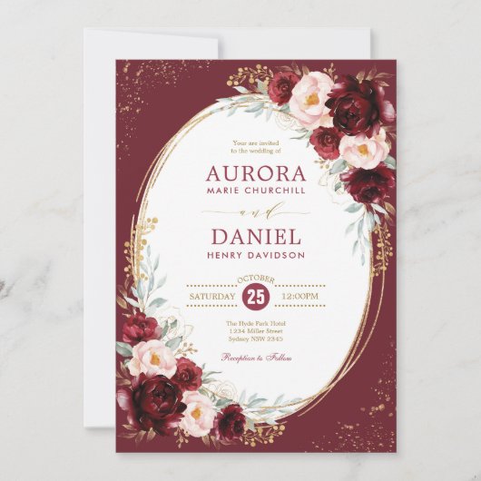 Elegante Bourgondische Blush Gouden Bloemen Bruilo Kaart (Voorkant)