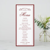 Elegante Bourgondische botanische kam monogram bru Menu (Staand voorkant)