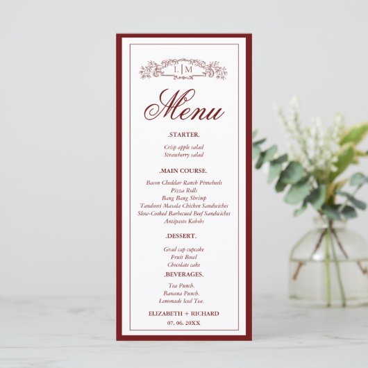 Elegante Bourgondische botanische kam monogram bru Menu (Staand voorkant)
