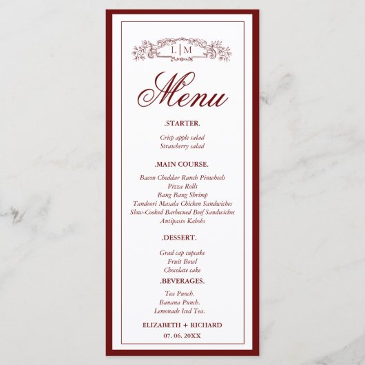 Elegante Bourgondische botanische kam monogram bru Menu (Voorkant)