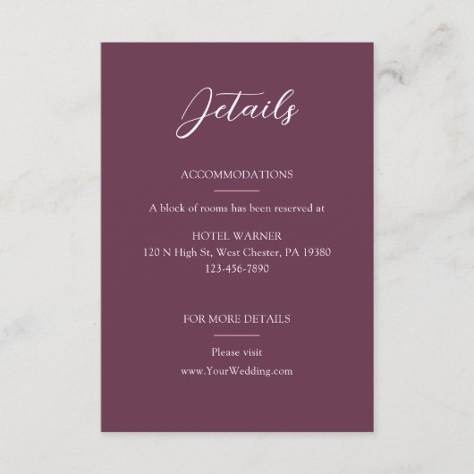 Elegante Bourgondische bruiloft details Informatiekaartje (Voorkant)