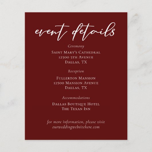 Elegante Bourgondische bruiloft Evenement Details  (Voorkant)