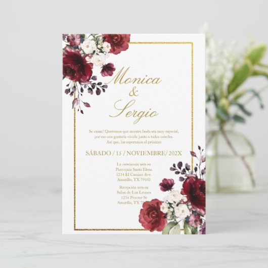 Elegante Bourgondische bruiloft uitnodiging in het (Staand voorkant)