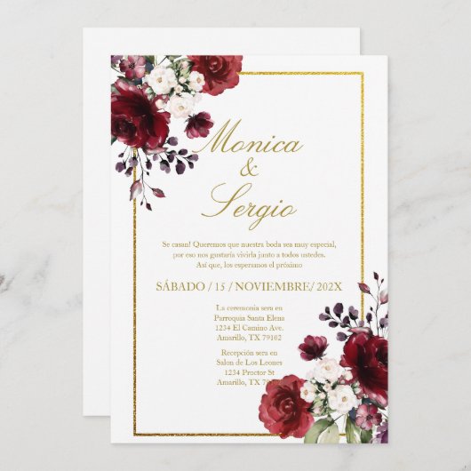 Elegante Bourgondische bruiloft uitnodiging in het (Voorkant / Achterkant)