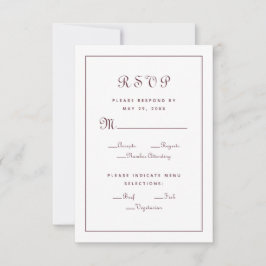 Elegante Bourgondische bruiloftsreceptie maaltijdk RSVP Kaartje