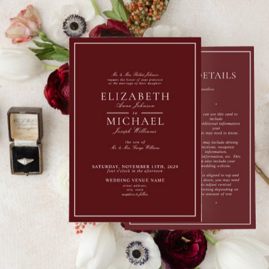 Elegante Bourgondische Classic Script Details Huwe Kaart