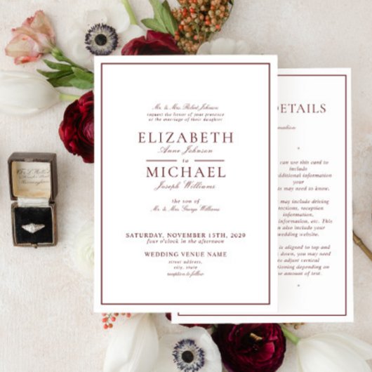 Elegante Bourgondische Classic Script Details Huwe Kaart