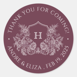 Elegante Bourgondische Crest Monogram Bruiloft Sti Ronde Sticker