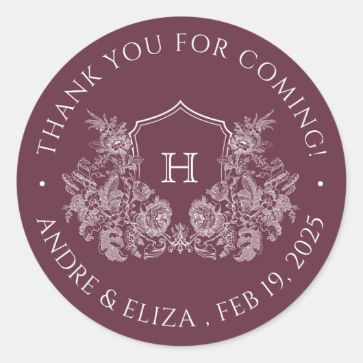 Elegante Bourgondische Crest Monogram Bruiloft Sti Ronde Sticker (Voorkant)