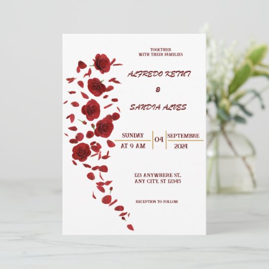 Elegante Bourgondische Crimson Bloemen Huwelijksui Kaart (Staand voorkant)