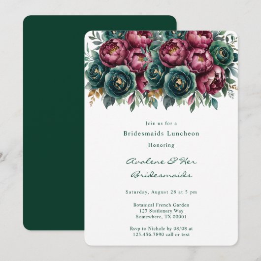 Elegante Bourgondische Emerald Peony bruidsmeisjes Kaart (Voorkant / Achterkant)