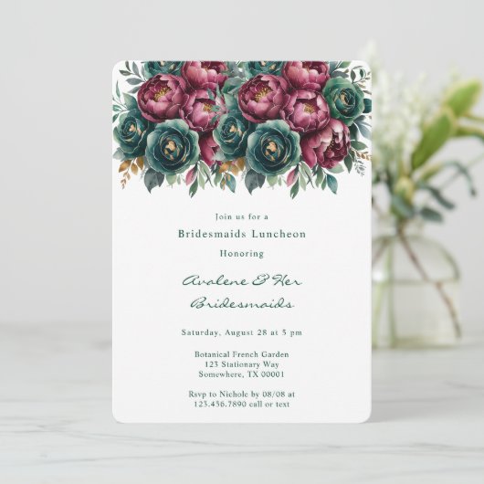 Elegante Bourgondische Emerald Peony bruidsmeisjes Kaart (Staand voorkant)